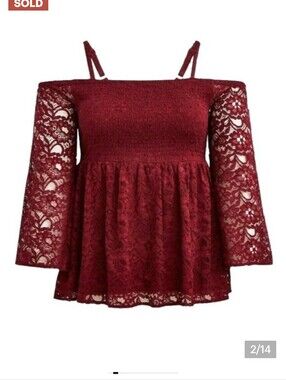 Torrid Babydoll Lace Smocked Cold Shoulder Top Women 5X 24/26 Burgundy Wine